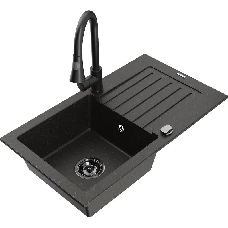 Mexen Pablo fregadero de granito 1-cámara con escurridor y grifo de cocina Elia, negro/dorado metálico - 6510-75-670101-70-B