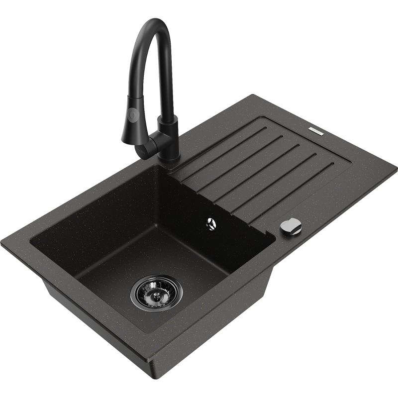 Mexen Pablo Graniittinen 1-allas keittiön pesuallas kuivaustasolla ja keittiöhanalla Elia, musta/kultametalli