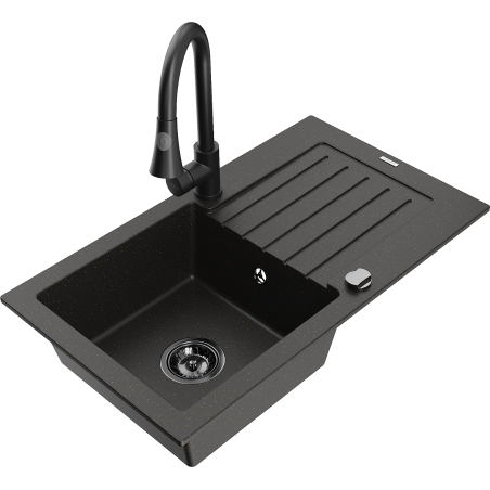 Mexen Pablo granite sink 1-bowl with drainer and Elia kitchen tap, black/gold metallic - 6510-75-670101-70-B