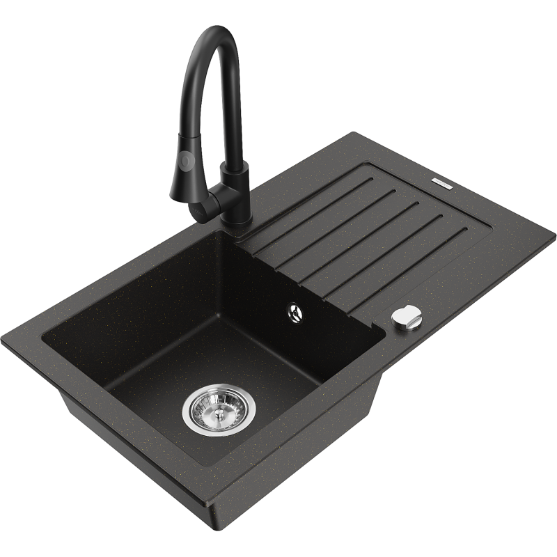 Mexen Pablo fregadero de granito de 1 seno con escurridor y grifo de cocina Elia, negro/dorado metálico - 6510-75-670101-70