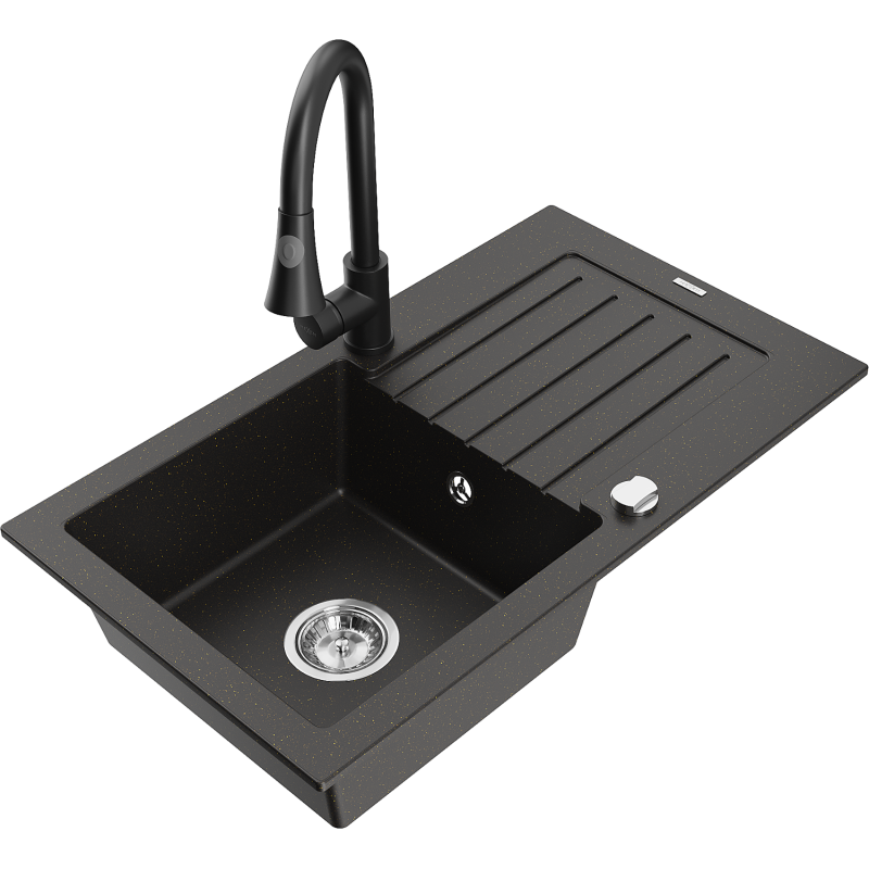 Mexen Pablo granite sink 1-bowl with drainer and Elia kitchen tap, black/gold metallic - 6510-75-670101-70