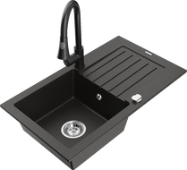 Mexen Pablo granite sink 1-bowl with drainer and Elia kitchen tap, black/gold metallic - 6510-75-670101-70