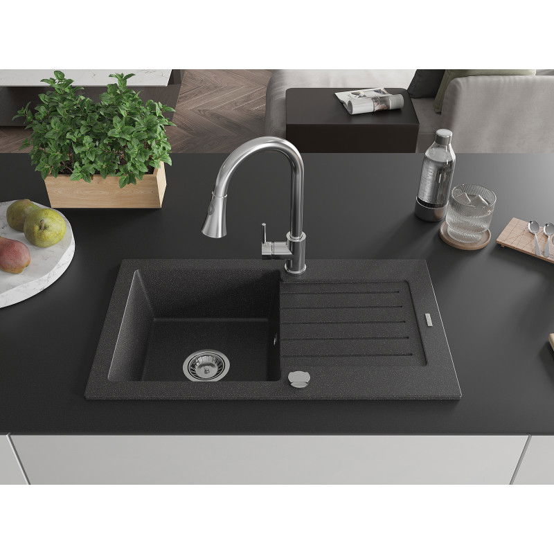 Mexen Pablo granite sink 1-bowl with drainer and Elia kitchen faucet, black speckled - 6510-76-670101-00