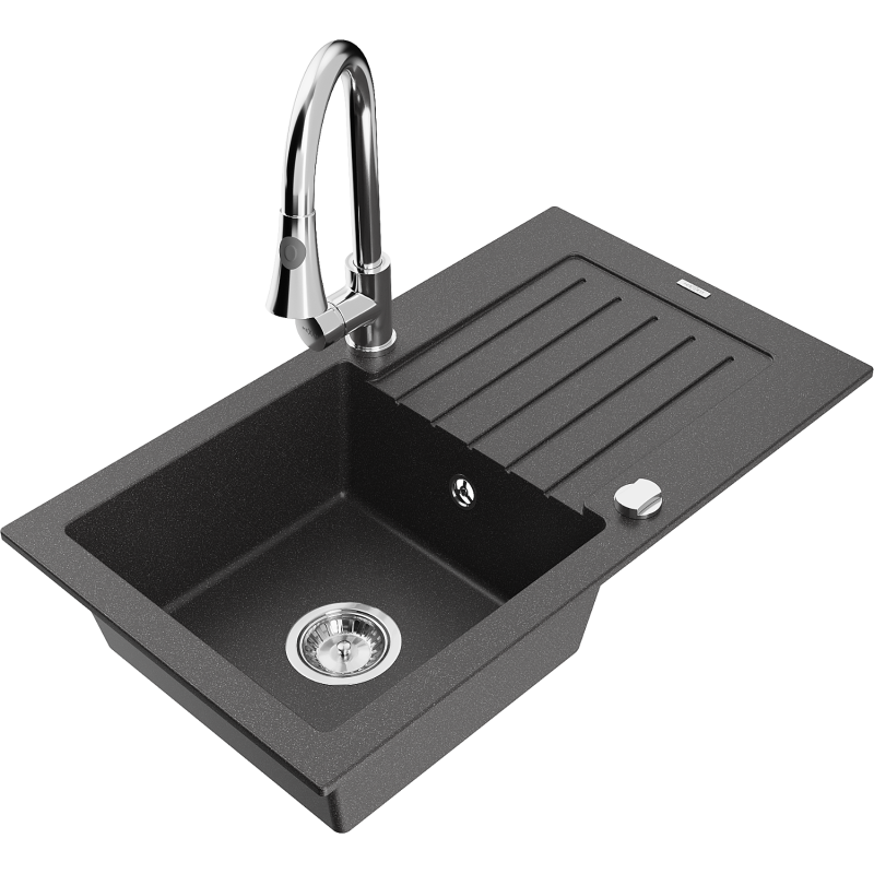 Mexen Pablo évier en granit 1 bac avec égouttoir et robinet de cuisine Elia, noir moucheté - 6510-76-670101-00