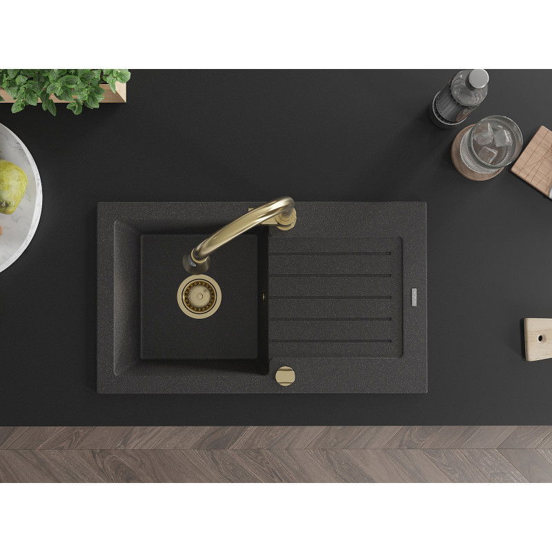 Mexen Pablo granitizlietnīca ar vienu nodalījumu ar noteces daļu un virtuves jaucējkrānu Elia, melna ar plankumiem