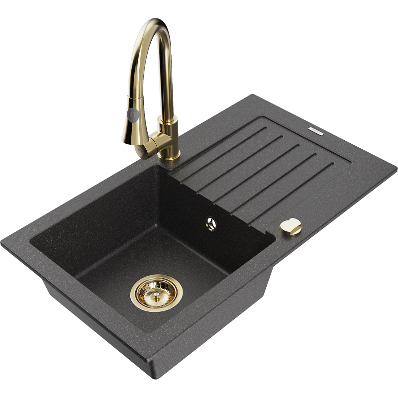 Mexen Pablo 1-facklig diskbänk i granit med avrinningsyta och köksblandare Elia, svart spräcklig - 6510-76-670101-50
