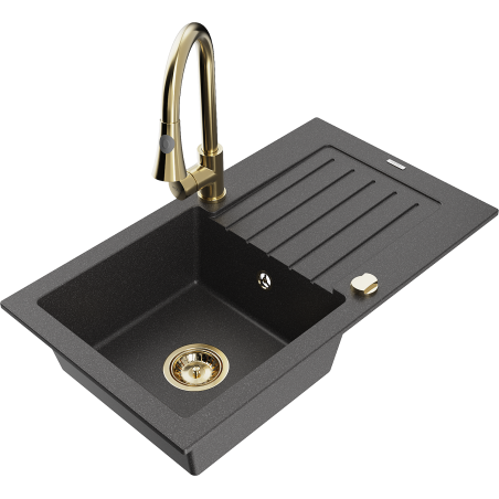 Mexen Pablo granite kitchen sink, 1-bowl with drainer and Elia kitchen tap, black speckled - 6510-76-670101-50