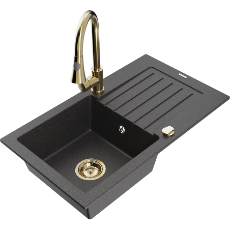 Mexen Pablo lavello in granito 1-vaschetta con scolapiatti e rubinetto da cucina Elia, nero puntinato - 6510-76-670101-50