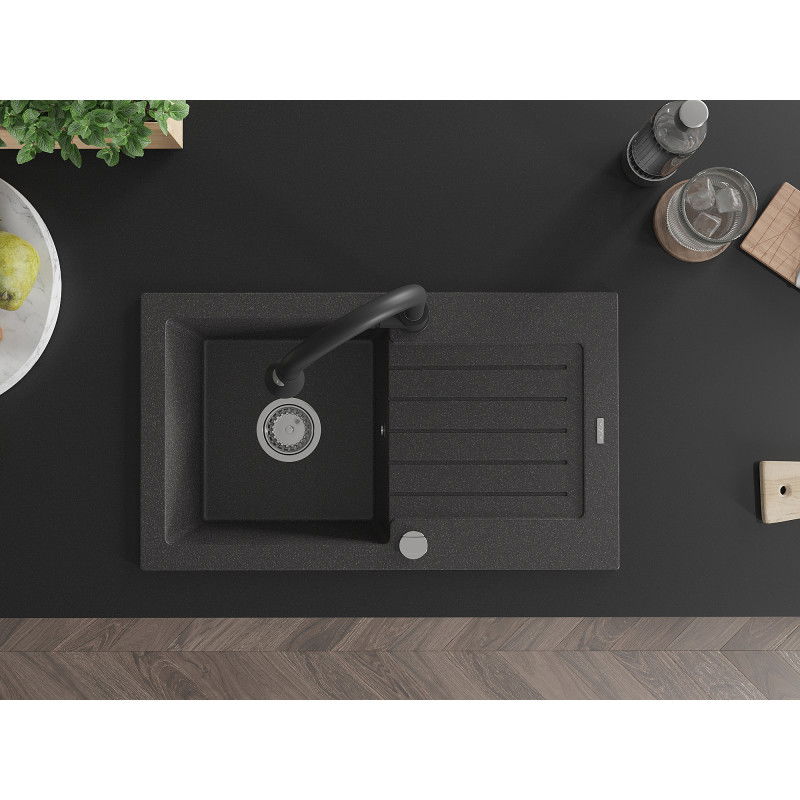 Mexen Pablo granite sink 1-bowl with drainer and Elia kitchen tap, speckled black - 6510-76-670101-70