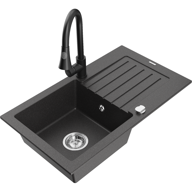Mexen Pablo granite sink 1-bowl with drainer and Elia kitchen tap, speckled black - 6510-76-670101-70