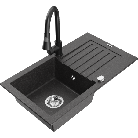 Mexen Pablo granite sink 1-bowl with drainer and Elia kitchen tap, speckled black - 6510-76-670101-70