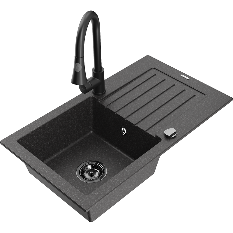 Mexen Pablo granitdiskho med 1 fack med avrinning och köksblandare Elia, svart med stänk - 6510-76-670101-70-B