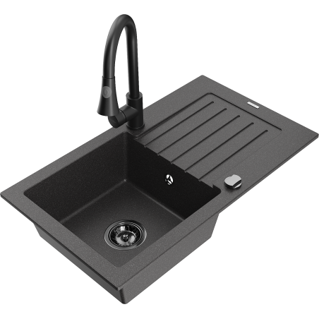 Mexen Pablo 1-bowl granite sink with drainer and Elia kitchen tap, speckled black - 6510-76-670101-70-B