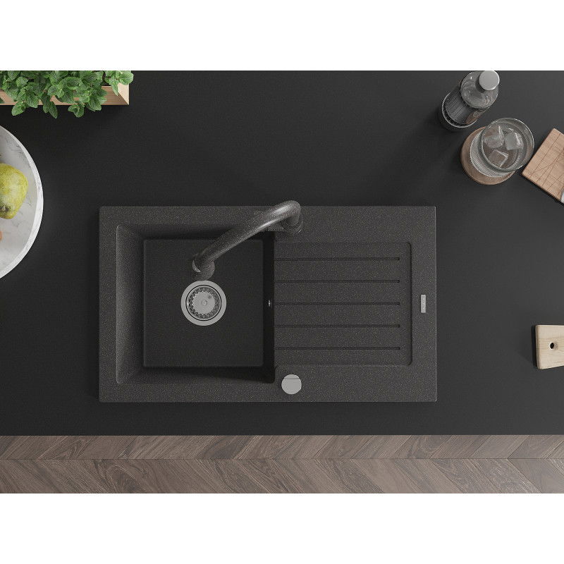 Mexen Pablo granite kitchen sink 1-bowl with drainer and Elia kitchen tap, black speckled - 6510-76-670101-76