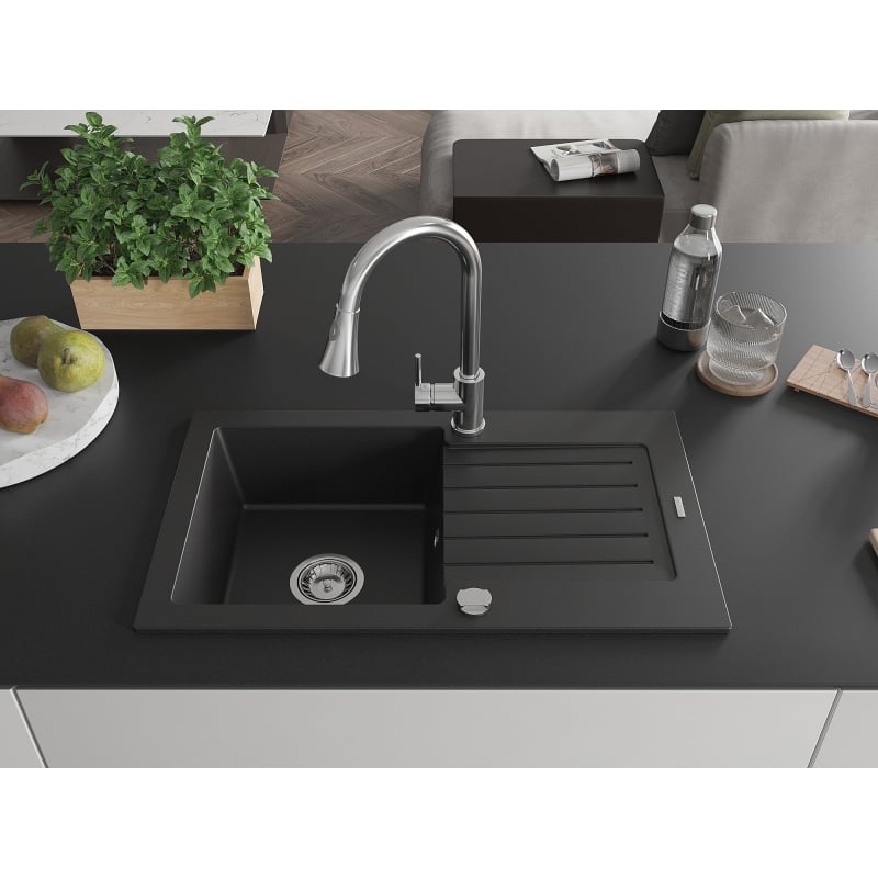 Mexen Pablo granite kitchen sink 1-bowl with drainer and Elia kitchen tap, black - 6510-77-670101-00