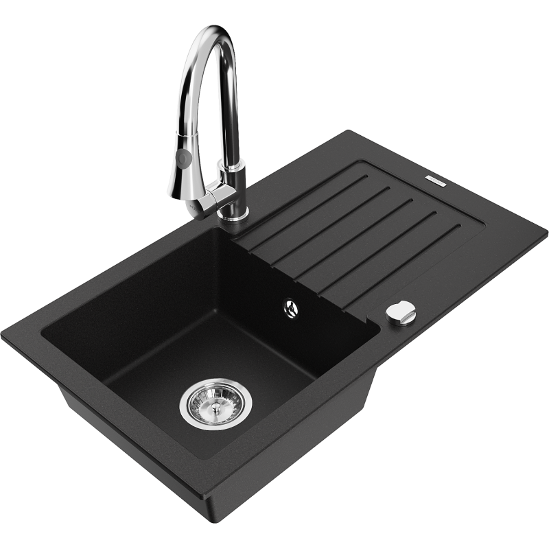 Mexen Pablo graniittinen 1-allas tiskiallas valutustasolla ja keittiöhanalla, Elia, musta - 6510-77-670101-00
