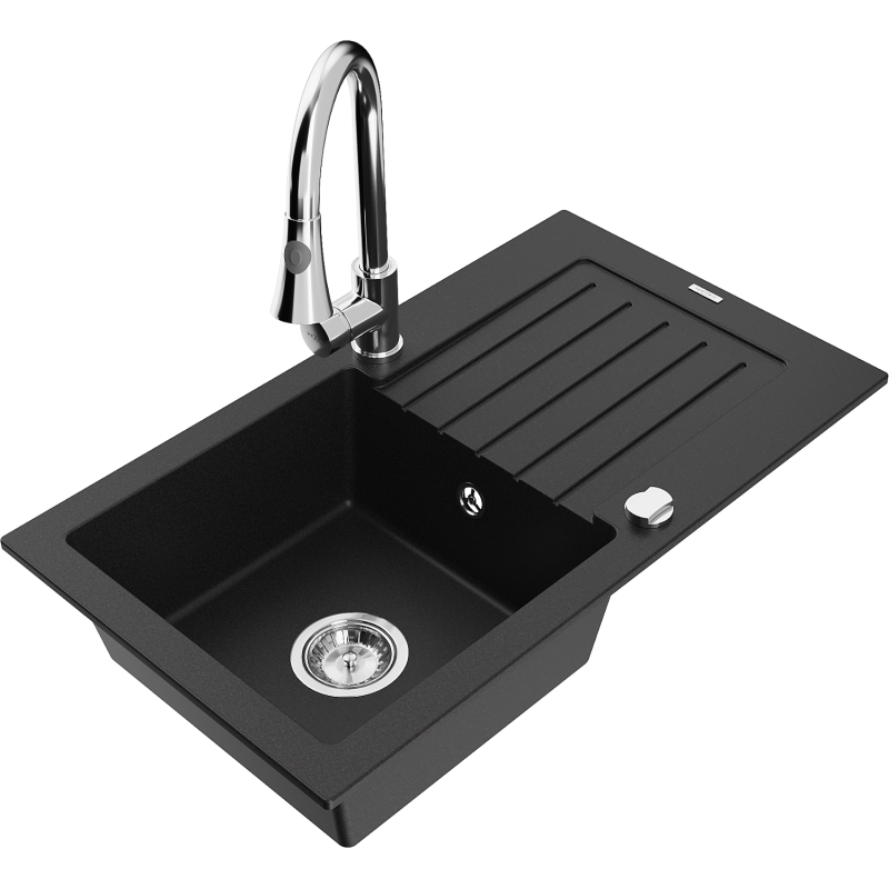 Mexen Pablo vienkameras granīta izlietne ar noteces vietu un virtuves jaucējkrānu Elia, melna - 6510-77-670101-00