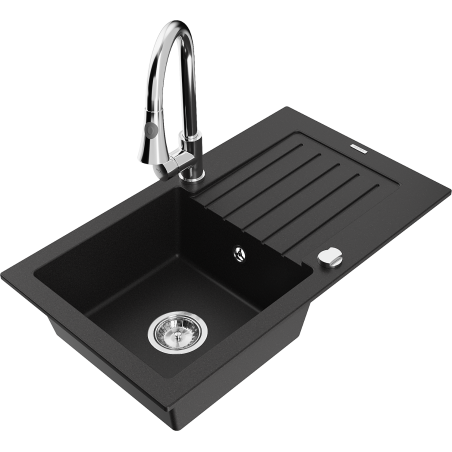 Mexen Pablo fregadero de granito de 1 cubeta con escurridor y grifo de cocina Elia, negro - 6510-77-670101-00