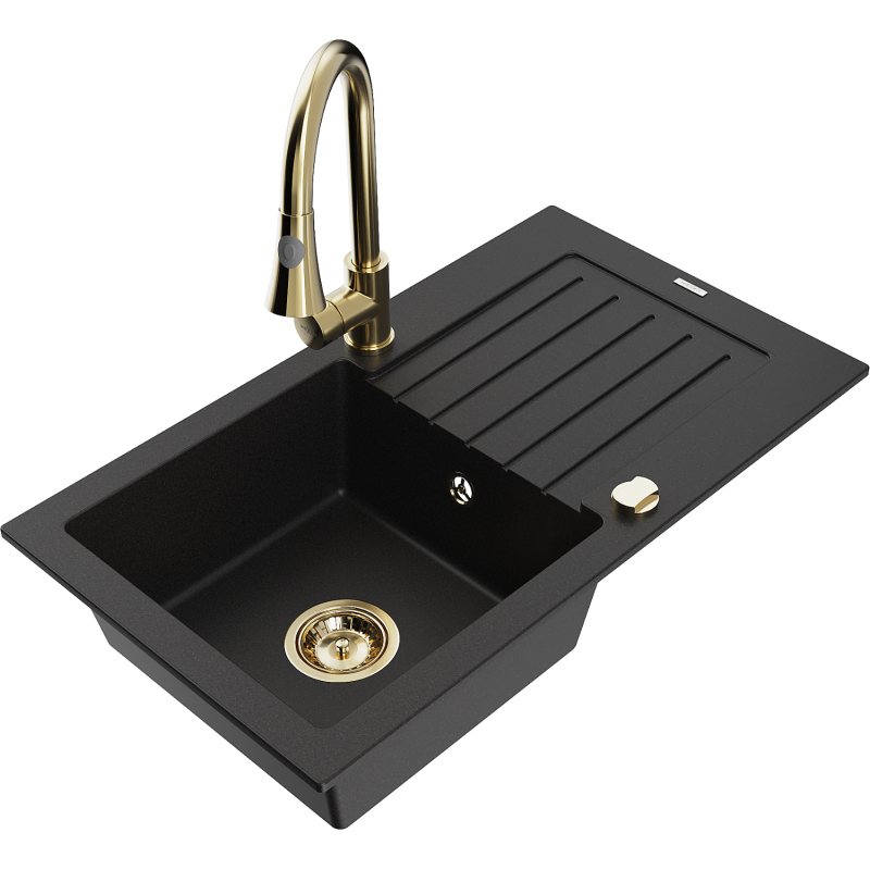 Mexen Pablo 1-bowl granite sink with drainer and Elia kitchen tap, black - 6510-77-670101-50