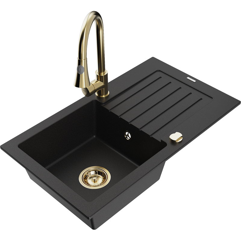 Mexen Pablo fregadero de granito de 1 seno con escurridor y grifo de cocina Elia, negro - 6510-77-670101-50