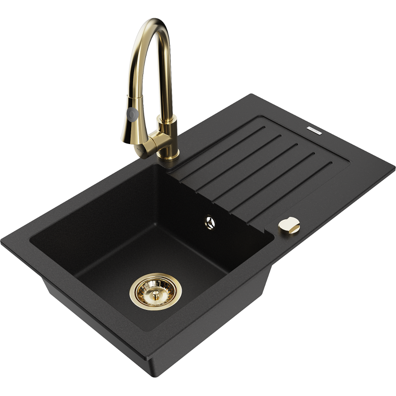 Mexen Pablo granitā izlietne ar vienu nodalījumu, noteci un virtuves krānu Elia, melna - 6510-77-670101-50