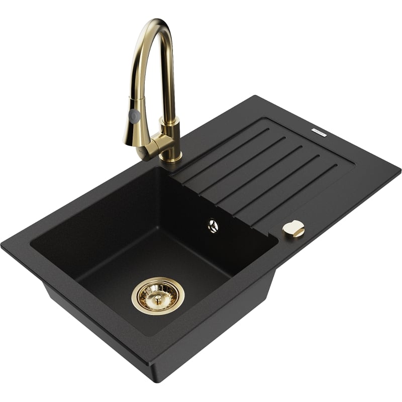 Mexen Pablo granite kitchen sink 1-bowl with drainer and Elia kitchen faucet, black - 6510-77-670101-50