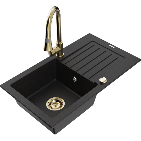 Mexen Pablo 1-bowl granite sink with drainer and Elia kitchen tap, black - 6510-77-670101-50