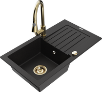 Mexen Pablo granite kitchen sink 1-bowl with drainer and Elia kitchen faucet, black - 6510-77-670101-50