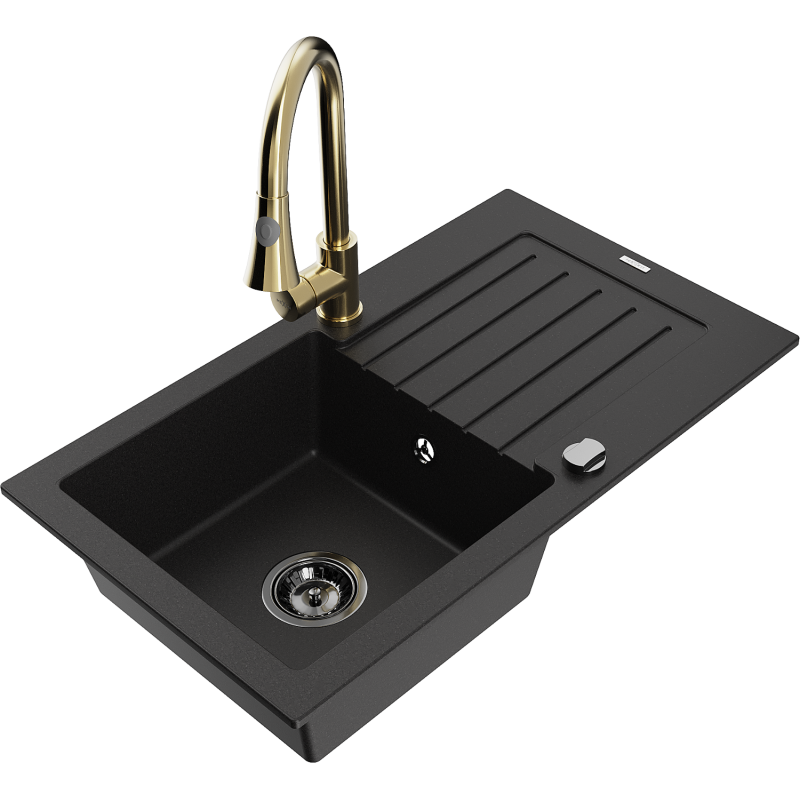 Mexen Pablo lava-louça de granito de 1 bacia com escorredor e torneira de cozinha Elia, preto - 6510-77-670101-50-B