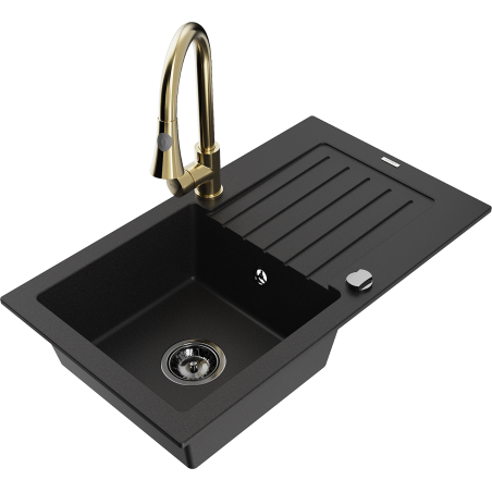 Mexen Pablo évier de cuisine en granit 1 bac avec égouttoir et robinetterie de cuisine Elia, noir - 6510-77-670101-50-B