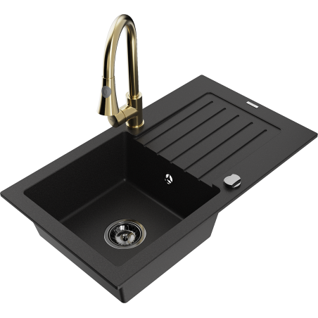 Mexen Pablo granite sink 1-bowl with drainer and Elia kitchen tap, black - 6510-77-670101-50-B