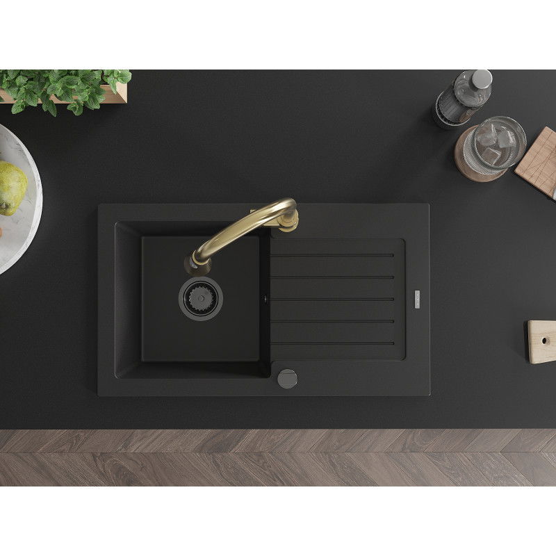 Mexen Pablo granite sink 1-bowl with drainer and Elia kitchen tap, black - 6510-77-670101-50-B