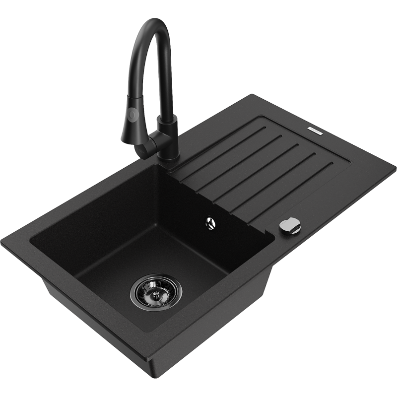 Mexen Pablo granitdiskho med en kammare, med avrinningsyta och kökskran Elia, svart - 6510-77-670101-70-B
