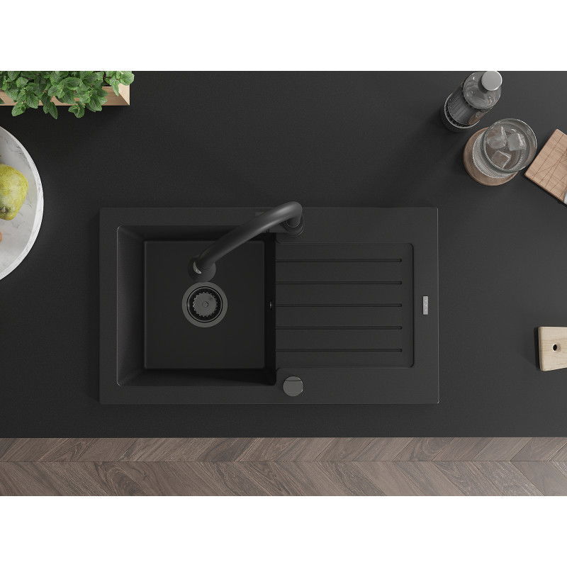 Mexen Pablo granite sink 1-bowl with drainer and Elia kitchen tap, black - 6510-77-670101-70-B