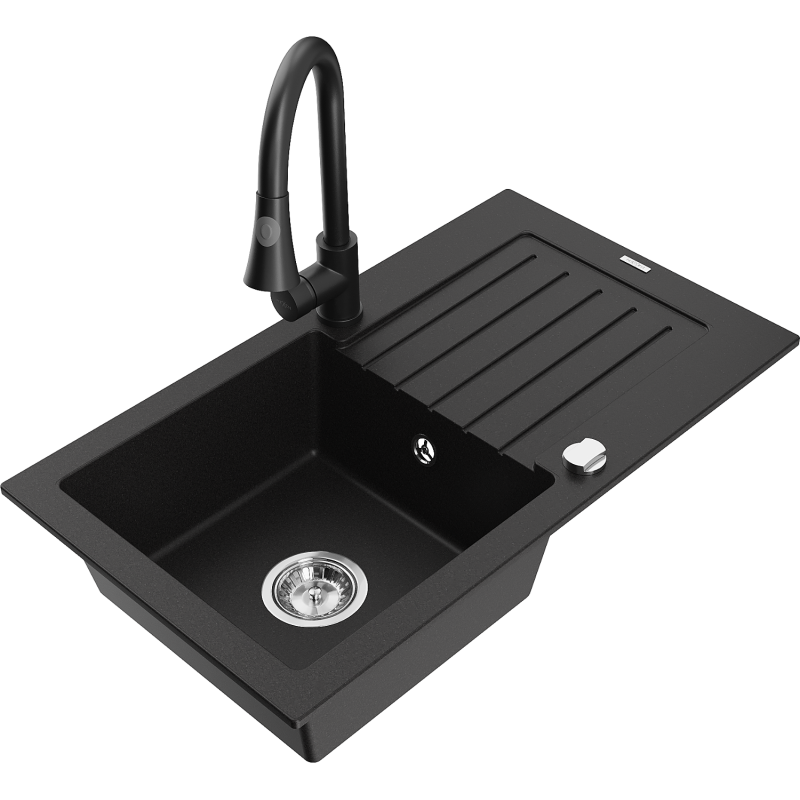 Mexen Pablo granite sink 1-bowl with drainer and Elia kitchen tap, black - 6510-77-670101-70