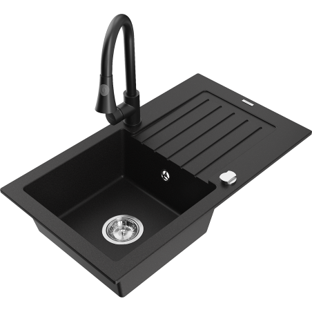 Mexen Pablo granite sink 1-bowl with drainer and Elia kitchen tap, black - 6510-77-670101-70
