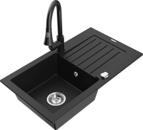 Mexen Pablo granite kitchen sink 1-bowl with drainer and kitchen faucet Elia, black - 6510-77-670101-70