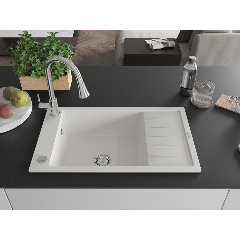 Mexen Elias single-bowl granite sink with drainer and Elia kitchen tap, white - 6511-20-670101-00