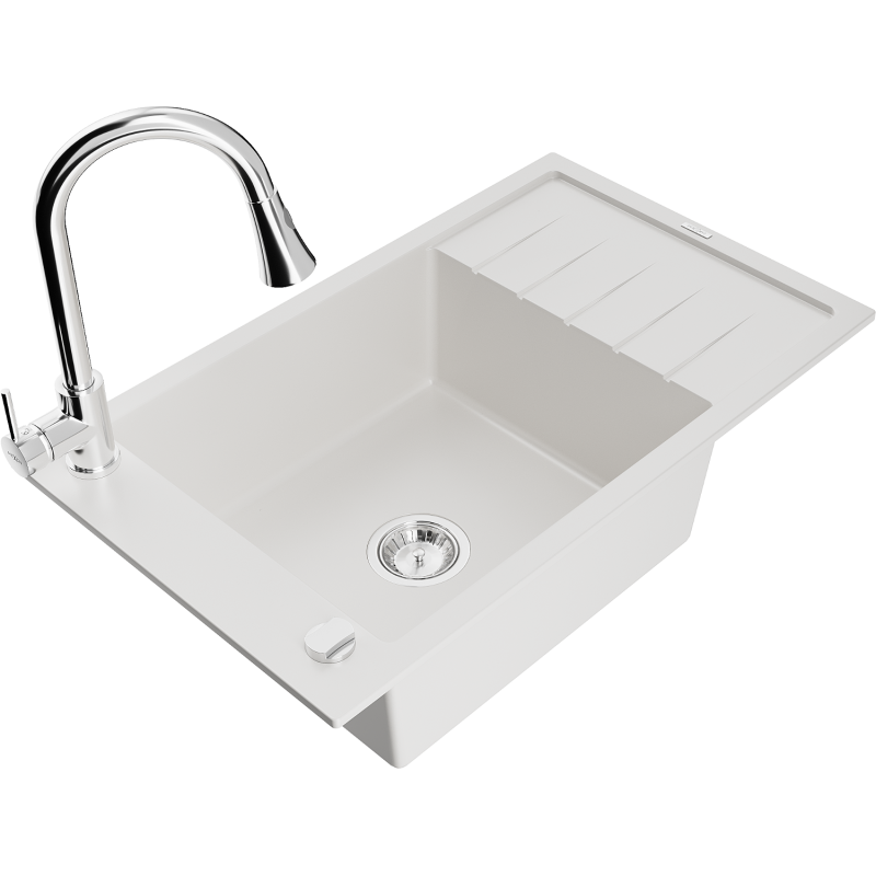 Mexen Elias single-bowl granite sink with drainer and Elia kitchen tap, white - 6511-20-670101-00