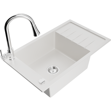 Mexen Elias 1-bowl granite sink with drainer and kitchen faucet Elia, white - 6511-20-670101-00