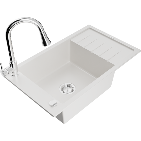 Mexen Elias fregadero de granito de 1 cubeta con escurridor y grifo de cocina Elia, blanco - 6511-20-670101-00