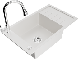 Mexen Elias single-bowl granite sink with drainer and Elia kitchen tap, white - 6511-20-670101-00