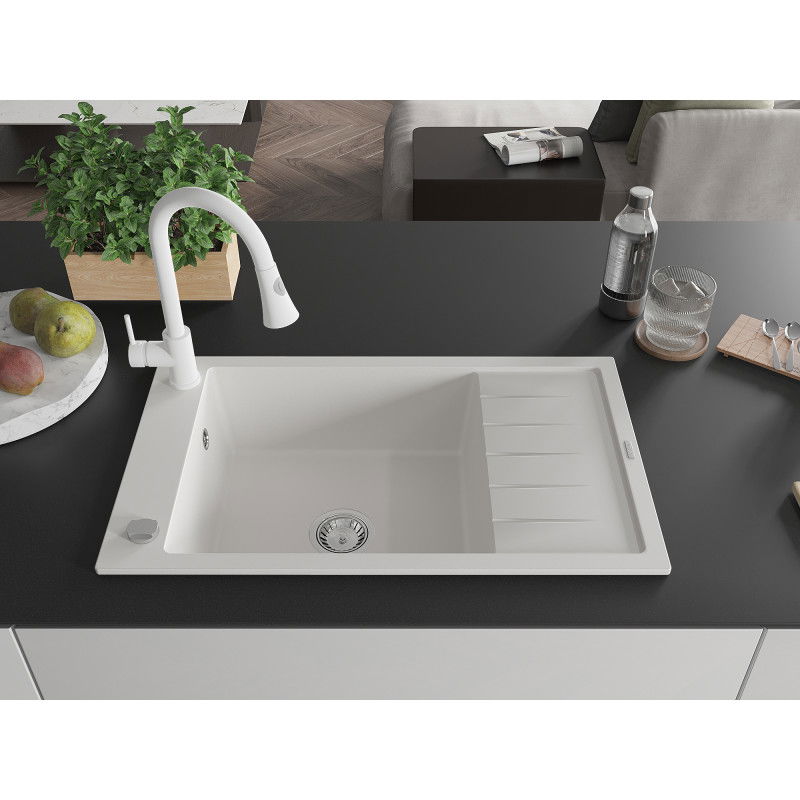 Mexen Elias granite sink 1-bowl with drainer and kitchen tap Elia, white - 6511-20-670101-20