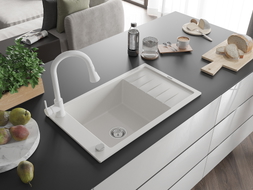 Mexen Elias granite kitchen sink 1-bowl with drainer and kitchen faucet Elia, white - 6511-20-670101-20