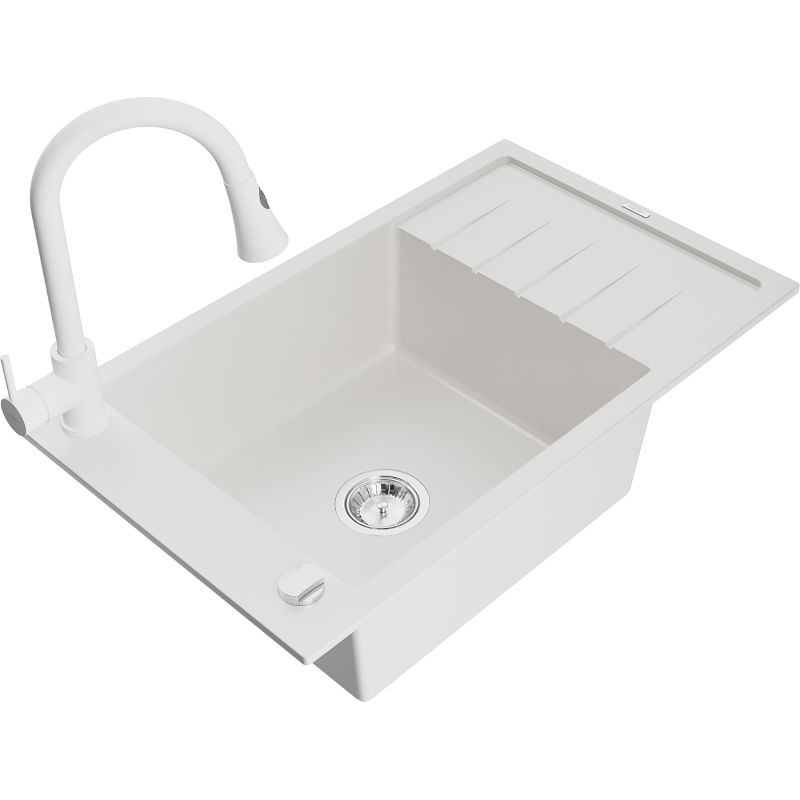 Mexen Elias fregadero de granito de 1 cubeta con escurridor y grifo de cocina Elia, blanco - 6511-20-670101-20