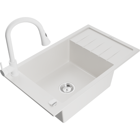Mexen Elias fregadero de granito de 1 cubeta con escurridor y grifo de cocina Elia, blanco - 6511-20-670101-20