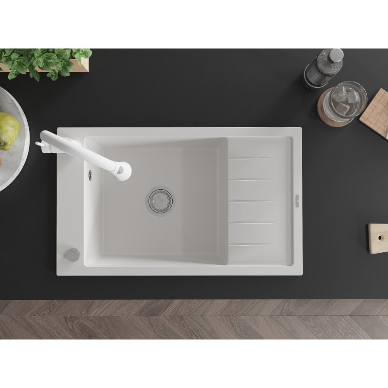 Mexen Elias granite sink 1-bowl with drainer and kitchen tap Elia, white - 6511-20-670101-20