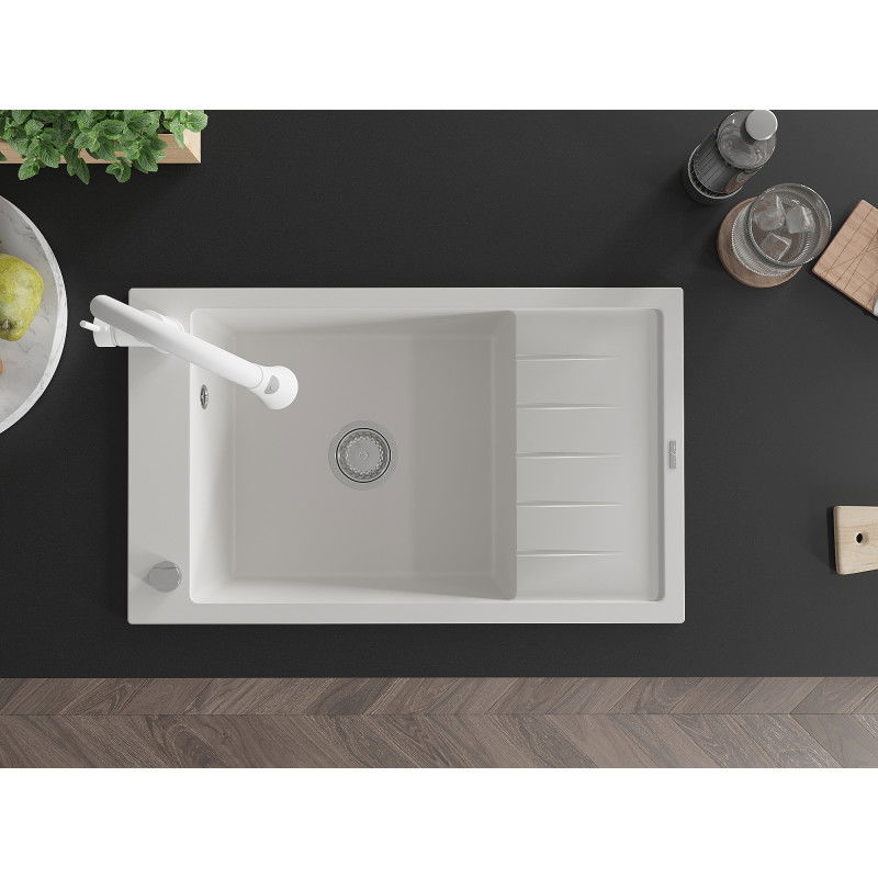 Mexen Elias yksi-altainen graniittiallas valutustasolla ja keittiöhanalla Elia, valkoinen - 6511-20-670101-20