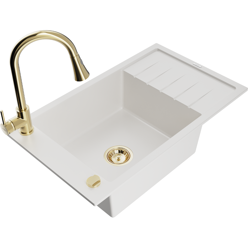 Mexen Elias lava-loiça em granito de uma cuba com escorredor e torneira de cozinha Elia, branco - 6511-20-670101-50