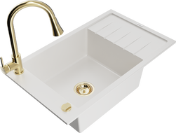 Mexen Elias fregadero de granito de 1 seno con escurridor y grifo de cocina Elia, blanco - 6511-20-670101-50